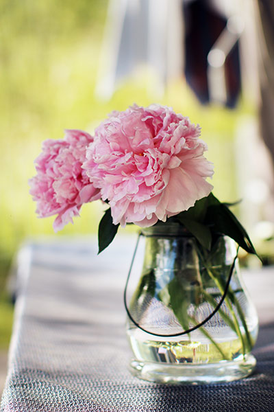Naturfotografie mit pinkroten Pfingstrosen in Blumenvase draussen auf Tisch