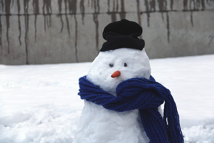 Schneemann mit Rübe im Gesicht und Schal